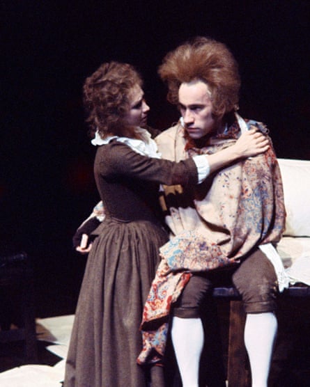 Simon Callow as Mozart (right), and Felicity Kendal as Constanze Weber in the first production of Amadeus, directed by Peter Hall at the National Theatre, London, in 1980.