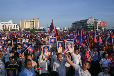 People march in support of the Cambodian government's actions in its recent border dispute with Thailand, in Phnom Penh on Wednesday.