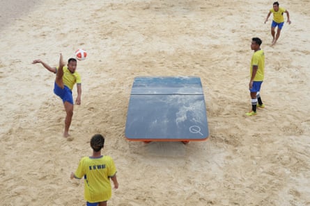 Myanmar athletes warm up during the Teqball event on day three of the 6th Asian Beach Games on April 25, 2026 in Sanya, China.