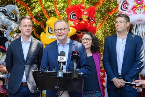 NSW Labor leader Chris Minns, prime minister Anthony Albanese, NSW Labor candidate for Ryde Lyndal Howison, and Labor member for Bennelong Jerome Laxale speak to the media during lunar new year celebrations in Sydney