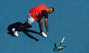 A frustrated Nick Kyrgios smashes his racquet in his men’s doubles semi-finals match with Thanasi Kokkinakis against Marcel Granollers and Horacio Zeballos