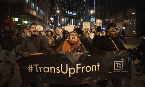 Demonstrators protest for transgender rights in Chicago after President Donald Trump’s recent decision to reverse the Obama-era policy requiring public schools to allow transgender students to use the bathroom that corresponds with their gender identity. 