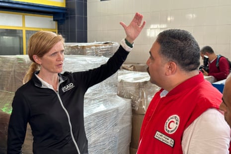 Samantha Power, administrator of USAID, speaks to an Egyptian Red Crescent official in el-Arish, Egypt, on Tuesday.
