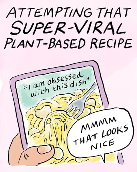A series of cartoon images of a couple trying to cook an online recipe, panel 1