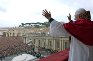 After being elected by the conclave of cardinals, Ratzinger, now Pope Benedict XVI, waves from a balcony of St Peter’s Basilica in the Vatican in 2005