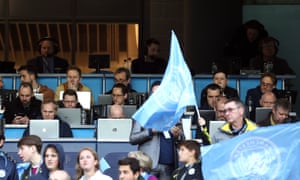 Barney Ronay (bottom left) sits in the press box at the Etihad. It will look very different for Manchester City v arsenal on Wednesday.