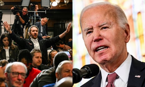 A protester calls for a ceasefire while President Joe Biden speaks