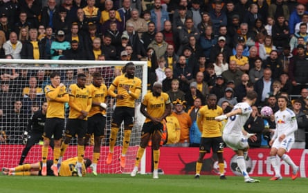 Anton Stach curves his direct free-kick into the net against Wolves in September.