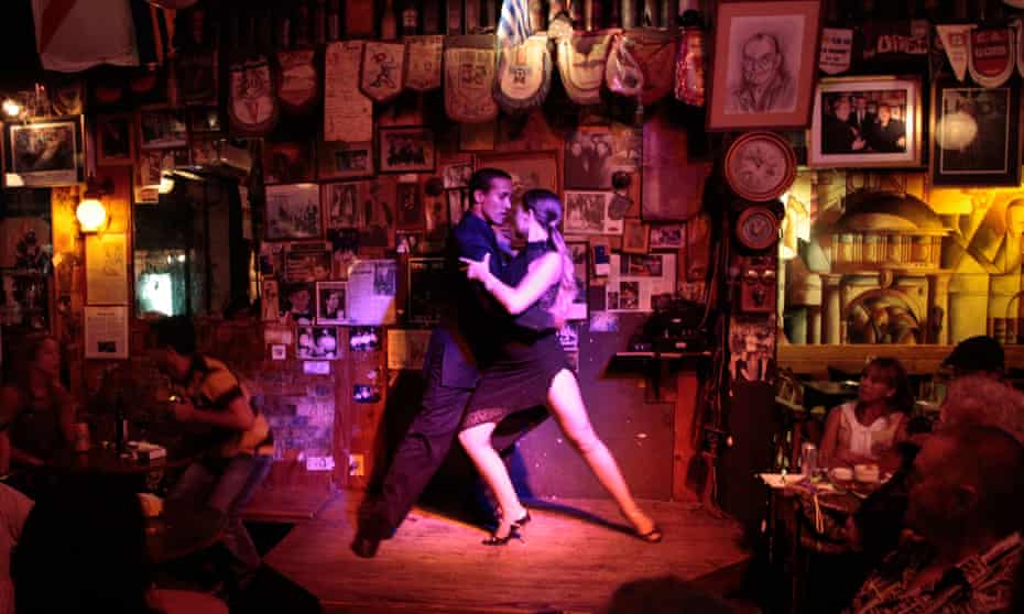Couple dancing tango at Baar Fun Fun tango bar, Montevideo.