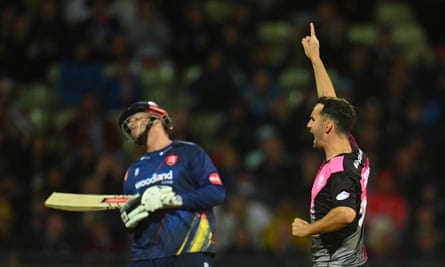 Lewis Gregory celebrates the wicket of Simon Harmer as Somerset beat Essex in the T20 Blast final.