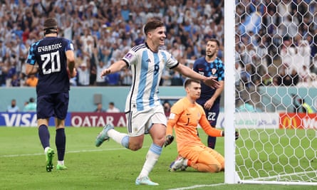 Julian Alvarez of Argentina celebrates after scoring their third against Croatia