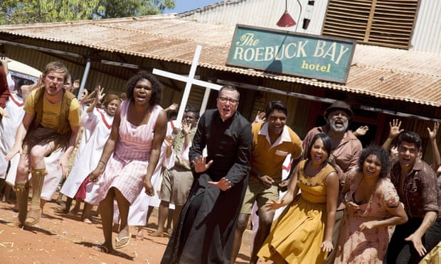 The cast of the 2009 adaptation of Bran Nue Day, including Rocky McKenzie as Willie (centre), Ernie Dingo, Deborah Mailman and Geoffrey Rush.