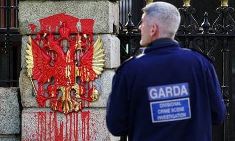 Red paint was poured on the gate of the Russian embassy in Dublin.