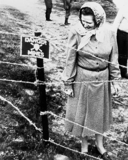 Margaret Thatcher examines a minefield during her visit to the Falkland Islands after the war in 1983.