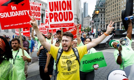 Union members gather for a rally against a US supreme court decision about what is required of government workers who choose not to join unions in New York in 2018.