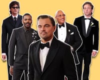 Composite image of Jacob Elordi, Colman Domingo, Leonardo DiCaprio, Dwayne Johnson and Jeremey Allen White in black suits