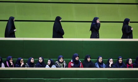 Iranian school-girls attend Rouhani’s speech to parliament.