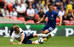 Tottenham’s Christian Eriksen slides in on Chelsea’s Cesar Azpilicueta at Wembley. Chelsea beat Spurs 2-1 after a double strike from Marcos Alonso.
