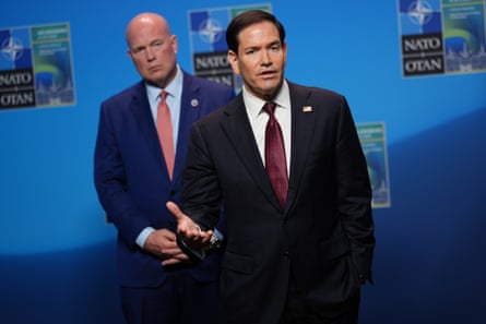 Marco Rubio speaks with journalists during a meeting of Nato foreign ministers in Sweden.