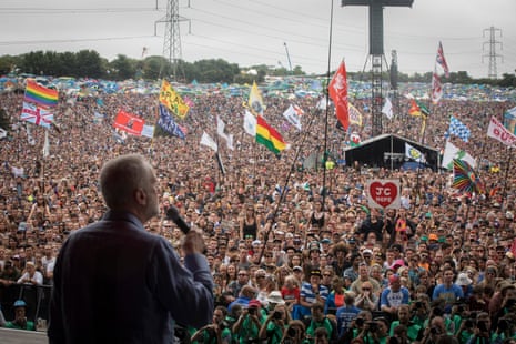 Jeremy Corbyn addresses the crowd on the Pyramid Stage