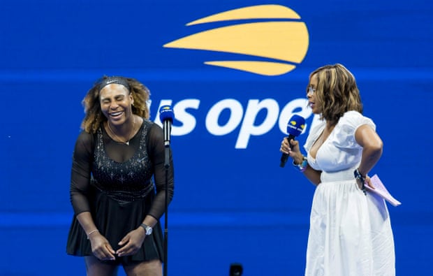 Gayle King interviews Serena Williams on court after her victory.