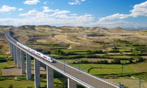 a high-speed train crossing a viaduct in Roden, Zaragoza, Aragon, Spain