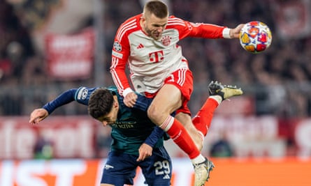 Eric Dier comes out on top in an aerial tussle with Kai Havertz during Bayern’s victory over Arsenal