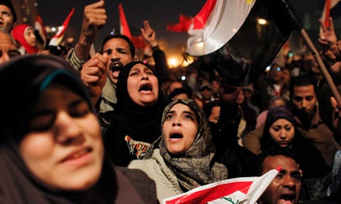 Egyptians celebrate the fall of Hosni Mubarak in Tahrir Square in February 2011.