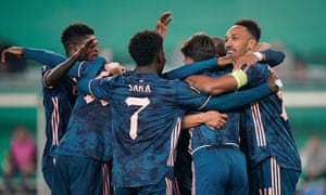 Pierre-Emerick Aubameyang celebrates after scoring for Arsenal against Rapid Vienna