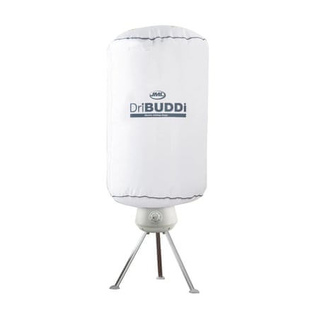 A white JML DriBuddi heated airer with a cylindrical white cover, which is done up