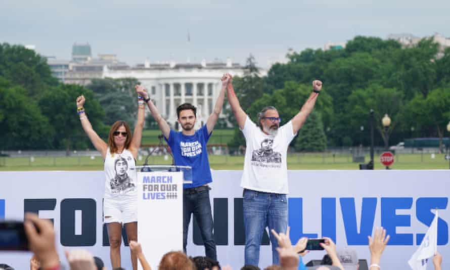 Manuel Oliver, Patricia Oliver and David Hogg speak during March for Our Lives 2022 in Washington, DC.