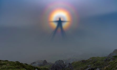 A brocken spectre similar to that seen by Tom Bullough across the Usk valley.