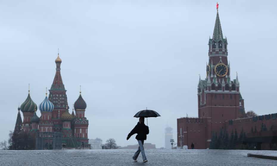 A near deserted Red Square on Thursday, as strict measures came into force in Moscow