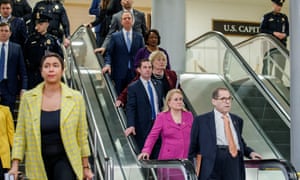 The House impeachment managers Jerry Nadler, Sylvia Garcia, Jason Crow, Zoe Lofgren, Val Demings, Adam Schiff and Hakeem Jeffries arrive at the US Capitol in Washington.