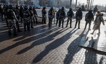Russian police standing guard near the Moscow city court on Tuesday.