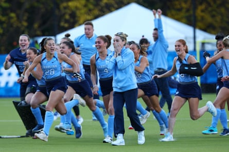 UNC field hockey coach Erin Matson celebrates after her team’s win over the Northwestern Wildcats for the national title last month in Chapel Hill, North Carolina.