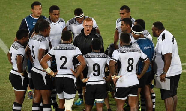Ben Ryan speaks to his Fiji players at the men’s rugby sevens final of the 2016 Olympics, in which they beat Team GB.