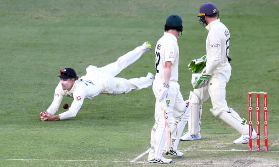 England’s Rory Burns spills a catch at the Gabba. Fielding errors cost England in the first Test along with inadequate batting.