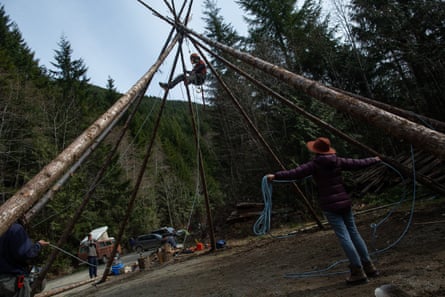 Activists erect a structure at logging road blockade on southern Vancouver Island.