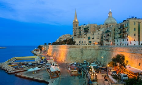 Valletta, Malta, at night, with St Paul’s Pro-Cathedral illuminated