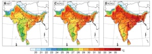 Distribution of maximum wet bulb temperature (WBT) from 1976-2005 (B), from 2071-2100 with 2.25C of warming (C), from 2071-2100 with 4.5C of warming (D). WBT of more than 31C is considered extremely dangerous and over 35C is fatal within hours.