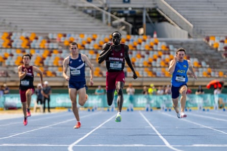 Gout Gout qualifies fastest in the under-20 100m heats at the 2026 Australian athletics junior championships in Brisbane