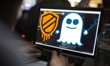 The Meltdown and Spectre logos overlaid on a computer screen