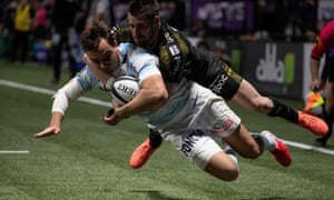 Racing 92’s Olivier Klemenczak (front) and La Rochelle’s Arthur Retiere in February. The future of the French game is uncertain, as it is in the UK.