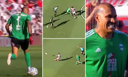 Deportivo Riestra goalkeeper Ignacio Arce goes walkabout during defeat to Instituto.