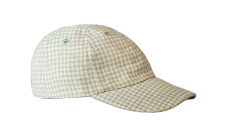 A blue and white gingham cap