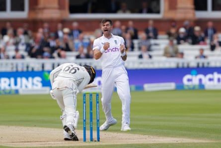 Jimmy Anderson celebrates after taking the wicket of New Zealand wicketkeepr Tom Blundell at Lord’s last year