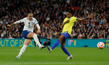 England's Lucy Bronze attempts a shot at goal that was saved by the Brazil goalie Leticia during the Women’s Finalissima 2023 match between England and Brazil at Wembley Stadium.