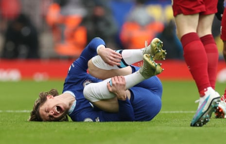 Conor Gallagher is injured after a heavy tackle.