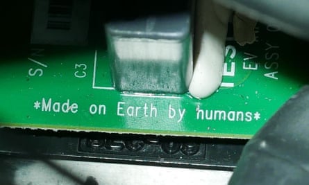 A image of the text printed on the circuit board of Elon Musks Tesla roadster which was launched into Orbit. February 2018.Photo By Elon Musk